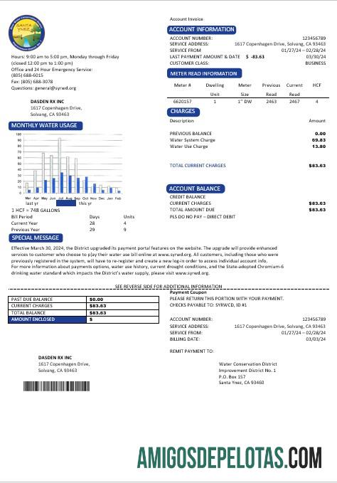 realista Modelo de conta de serviços públicos de água de Santa Ynez dos EUA, Califórnia, em formatos Word e PDF
